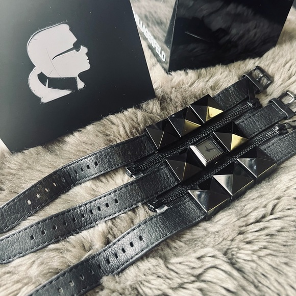 Karl Lagerfeld Studded Black Leather Watch - Picture 2 of 3